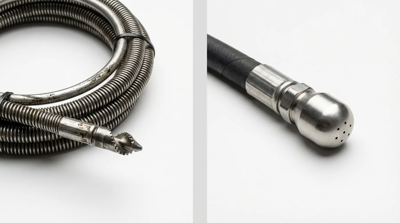 Drain snake cable and hydro jetting nozzle used for drain cleaning in Brilliant, OH