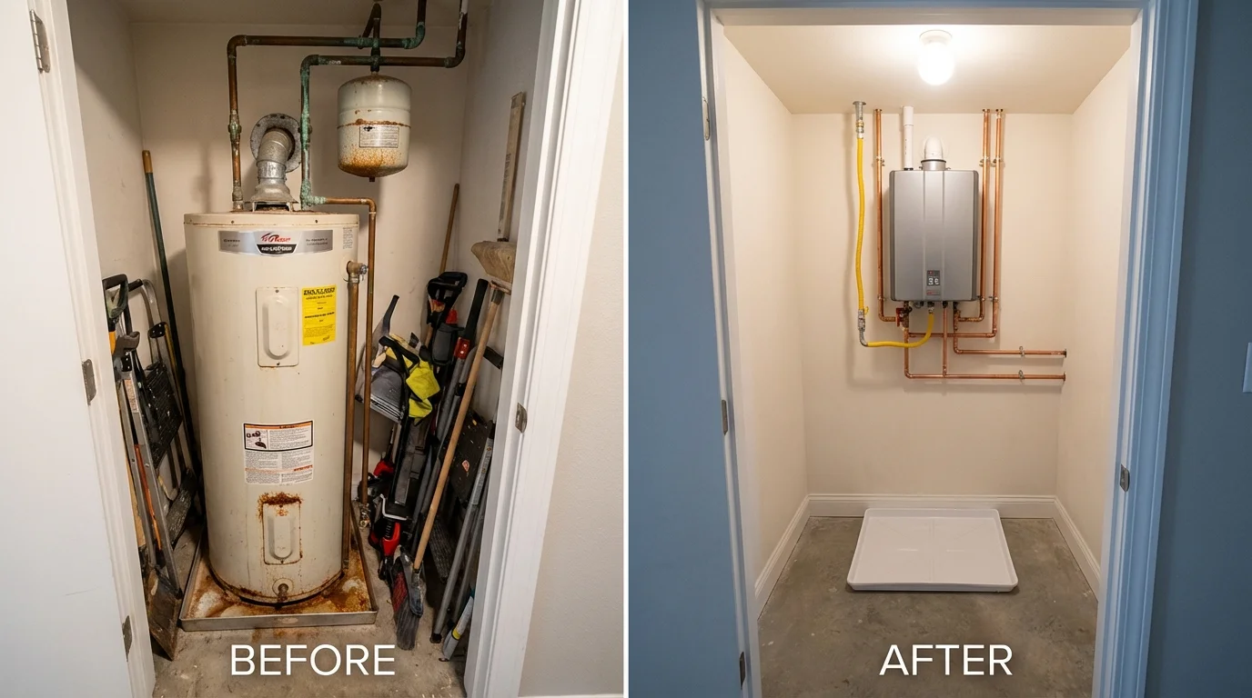 Tank water heater versus wall-mounted tankless unit comparison for Brilliant, OH homeowners