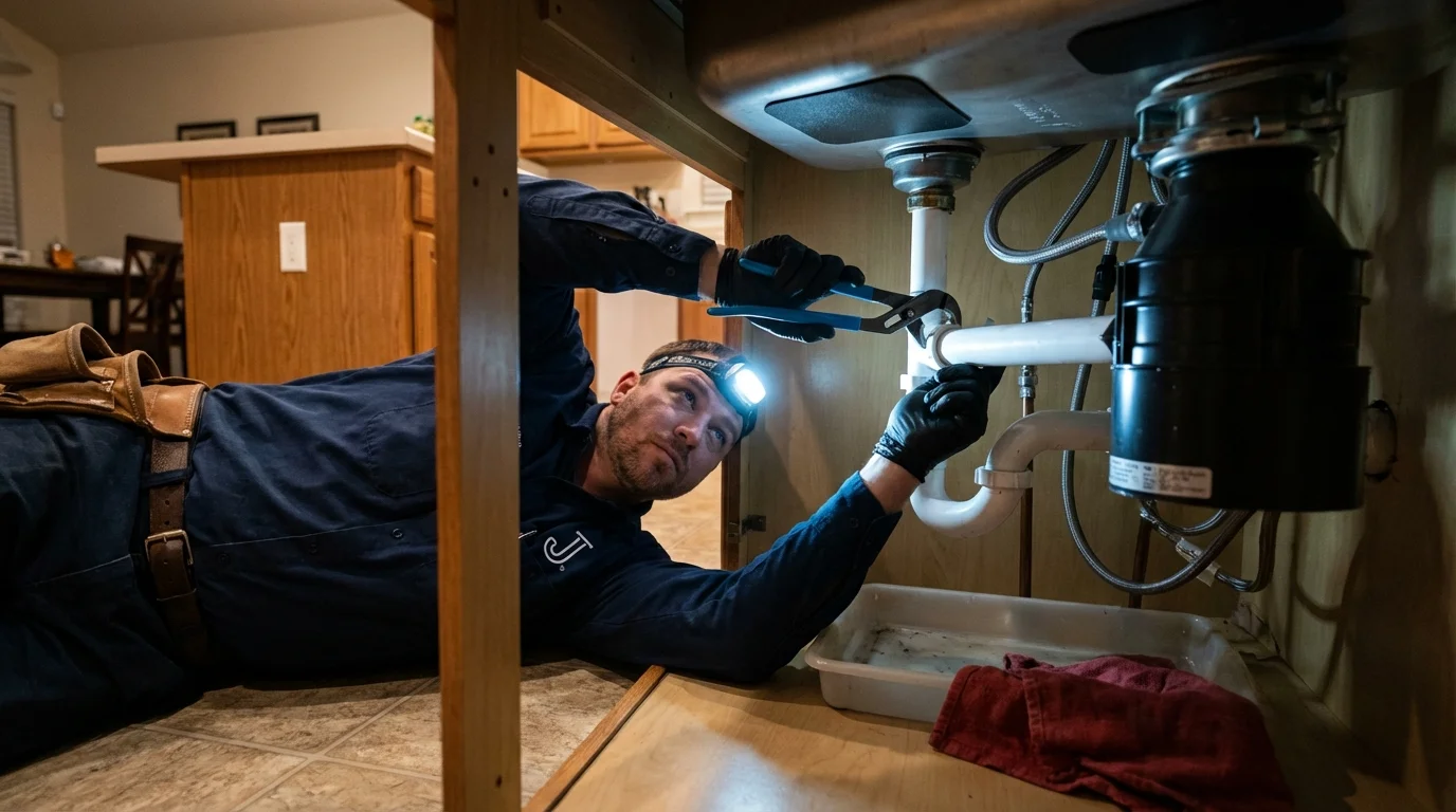 P-trap and supply line connections under a kitchen sink showing a common leak point in Brilliant, OH